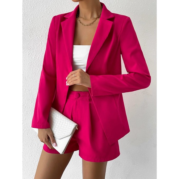 Jackets & Blazers - 2 piece set Lapel collar Single Button Blazer & tailored Shorts hot pink